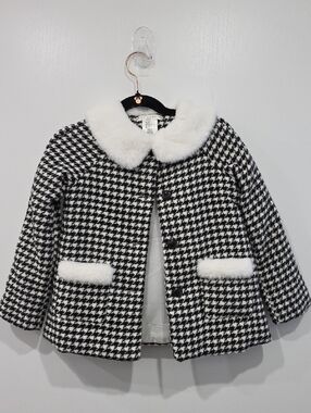 Max Studio Black & White Houndstooth Pea Coat with Faux Fur Trim